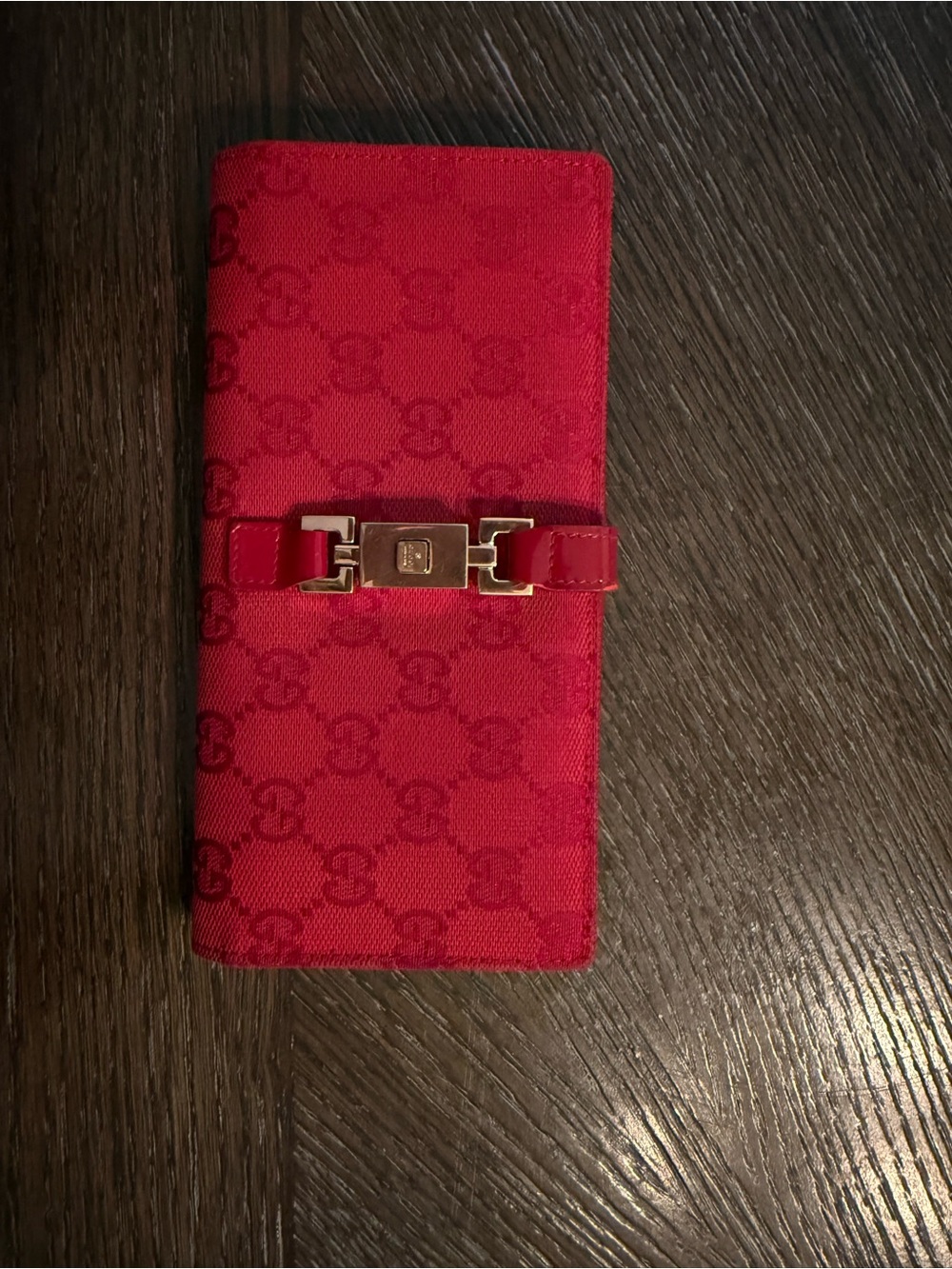 Gucci Red Monogram Continental Card Holder with Gold-Tone Hardware